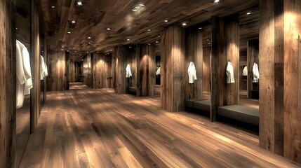 Naklejka premium Stylish changing room design boutique retail store interior photography modern atmosphere wide angle elegance
