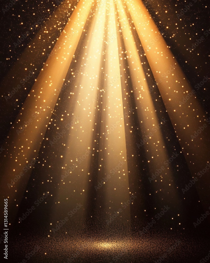 Poster golden light beams illuminate a dark stage with sparkling dust creating a magical and ethereal atmos