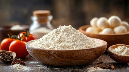 Fototapeta premium Wooden bowl of white flour, alongside tomatoes, spices, and dough balls