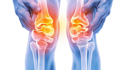 Therapeutic exercise rehabilitation joint health. Close-up of hands supporting an arthritic knee joint.