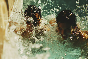 Two people swimming in a pool, creating splashes in the water.