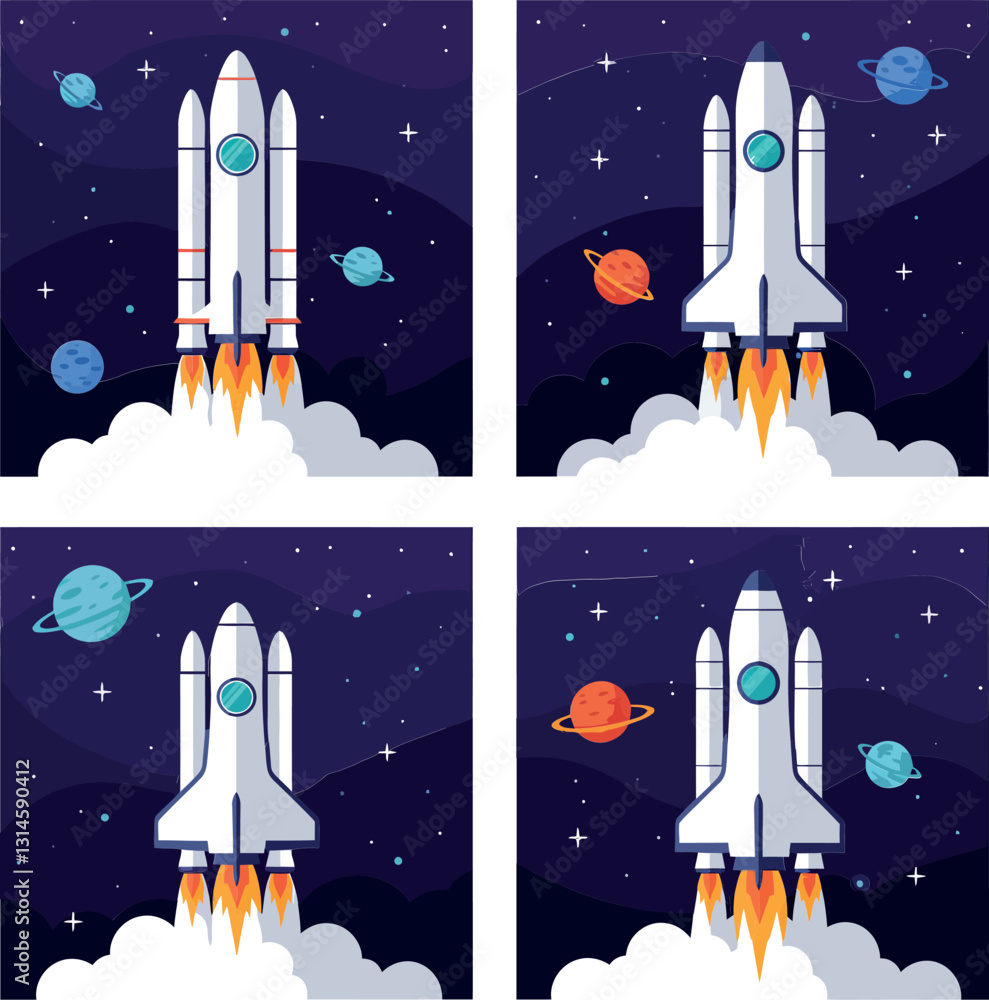 Aufkleber rocket launching into space with colorful planets in a flat vector illustration