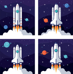 Obraz premium Rocket launching into space with colorful planets in a flat vector illustration
