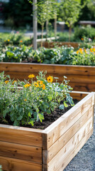 Yellow flowers and lush green plants thrive in a raised bed garden, showcasing the beauty and productivity of homegrown vegetables and flowers