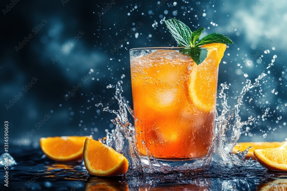 Poster refreshing orange cocktail with ice cubes in a glass surrounded by splashing water and mint garnish 