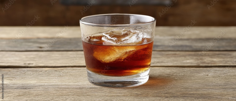 Poster whiskey on the rocks in a glass on a rustic wooden table creating a warm and inviting atmosphere per