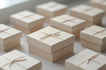 Fototapeta premium Gift packaging featuring natural textures arranged aesthetically on a clean surface. Softly colored gift boxes with natural textural details on minimalistic surface, eco friendly packaging