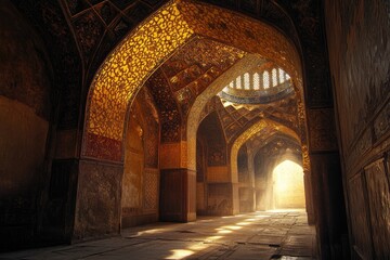 Golden sunlight streams through ancient archways in a grand hall