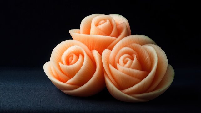 Three intricately carved peach roses are displayed against a dark background, showcasing the artistry and elegance of melon carving, This image is perfect for culinary blogs, event promotions