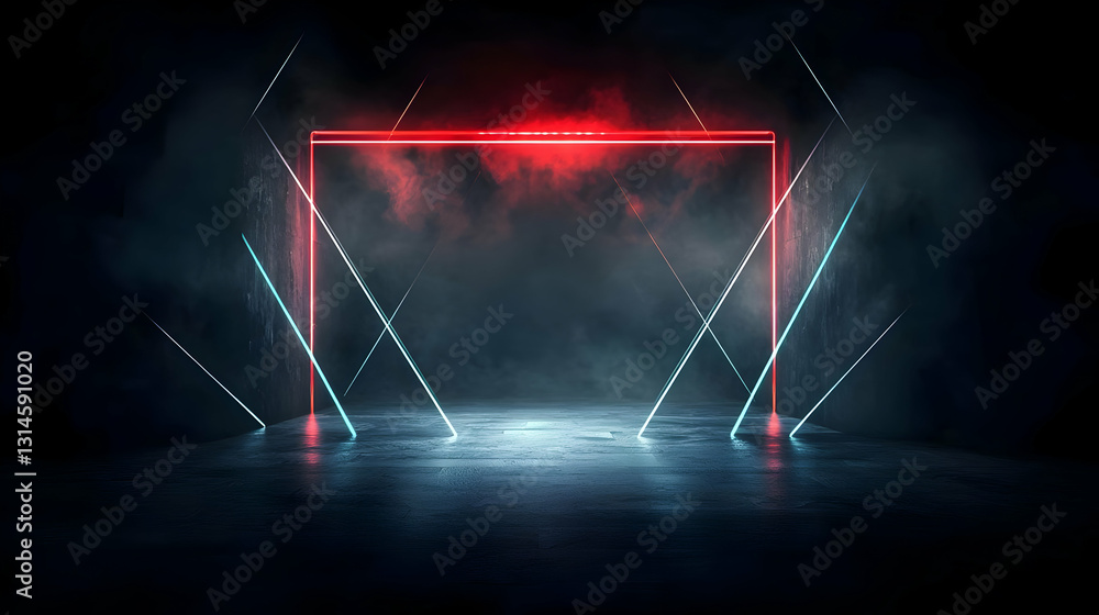 Poster red and blue neon frame on dark empty stage background with smoke fog and light beams rays abstract 