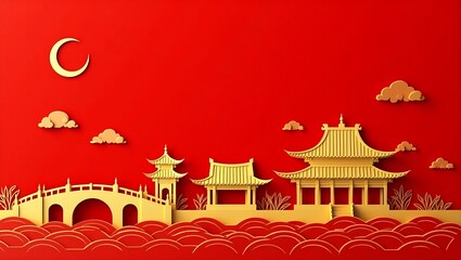 A paper-cut style illustration of a traditional Asian landscape with golden pagodas, temples, and bridges against a deep red background, featuring waves, clouds, and a crescent moon.