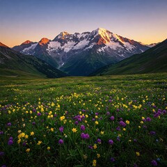 Obraz premium Mountains and Wildflowers: Majestic snow-capped peaks rise above a vibrant meadow blanketed in colorful wildflowers under a clear sky. Capturing the peace and serenity of nature.