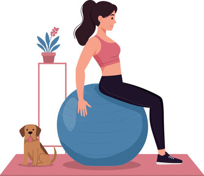Woman exercising on a blue stability ball with a playful dog beside her in flat vector art