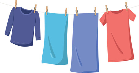 Colorful clothes hanging on a clothesline in a flat design vector illustration