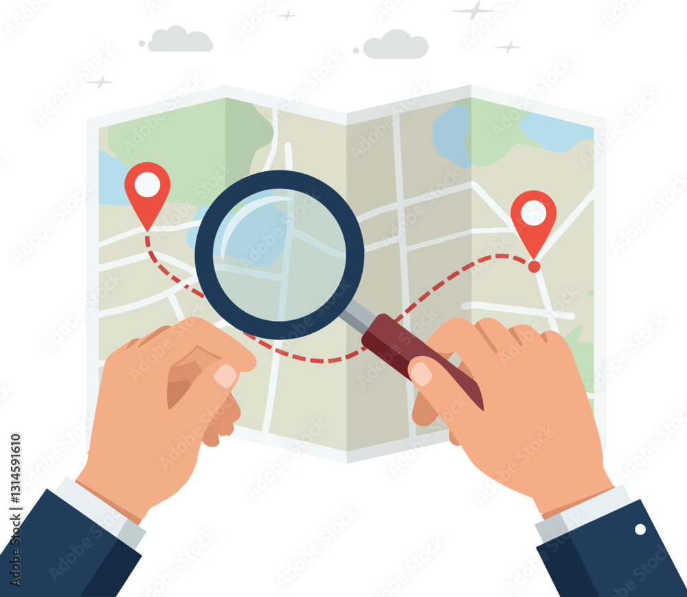 Poster hands holding a map with a magnifying glass exploring a route in flat vector illustration