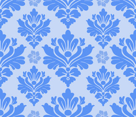 Damask seamless floral pattern, blue color, vector illustration elegant for textile design, wall paper, bedding, curtain, cushion, scarf, upholstery fabric, decoration, interior, vintage, luxury