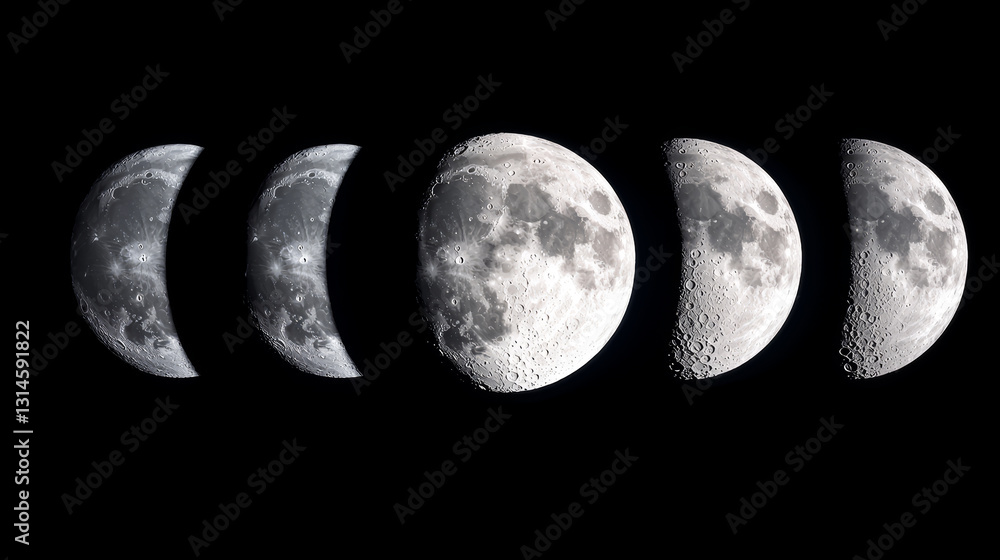 Wall mural lunar phases visualization shows decreasing moon cycle, celestial event