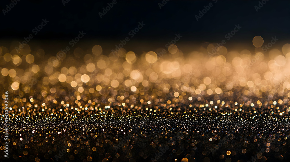 Poster golden glitter sparkle with blurred lights and bokeh effect on dark background with gradient from bl