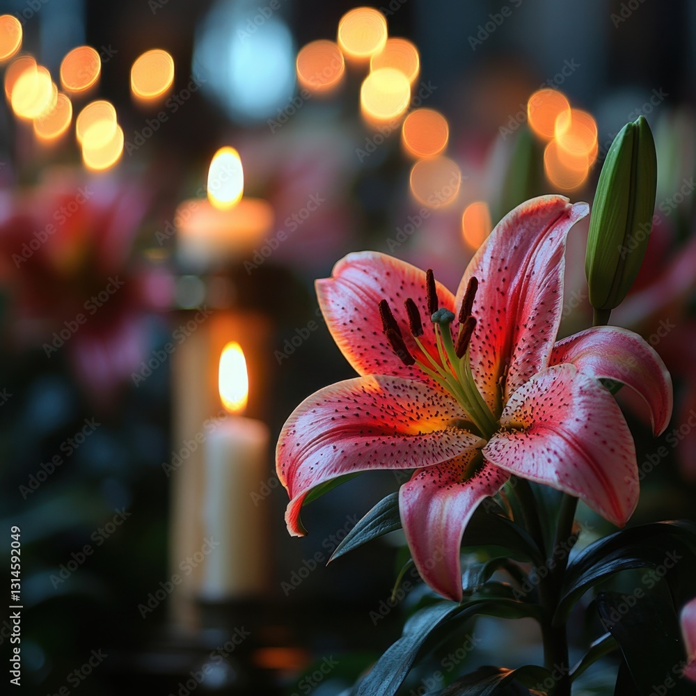 Aufkleber elegant pink lily bloom with soft candle light and bokeh background creating a warm romantic mood