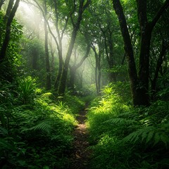 Fototapeta premium Lush Forest Trail: A mesmerizing forest trail winds through a dense, vibrant green landscape, illuminated by beams of sunlight filtering through the canopy.