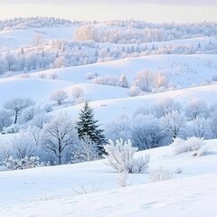 A layer of fresh snow covers the rolling hills, with trees and bushes visible through the frosty veil, frosty, winter