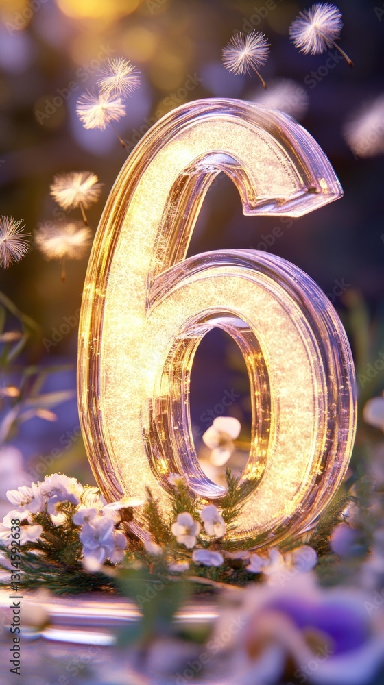 Aufkleber glittering number six illuminated amidst delicate flowers and floating seeds in soft focus bokeh bac