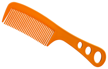 An orange plastic hair comb with handle isolated on white background. A plastic hair comb is a common tool used for detangling, styling, and managing hair.