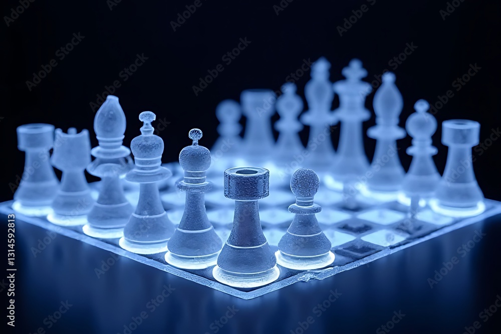 Poster illuminated chess game in dark environment conceptual art abstract setting close-up view for chess e