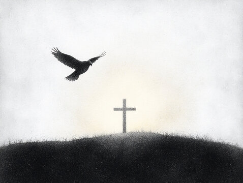 P Pointillism drawing of a cross with an eagl