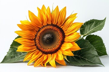 Obraz premium Vibrant Sunflower with Green Leaves on a Clean Background Perfect for Nature and Floral Themes