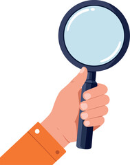 Hand holding a magnifying glass in a flat design style vector illustration