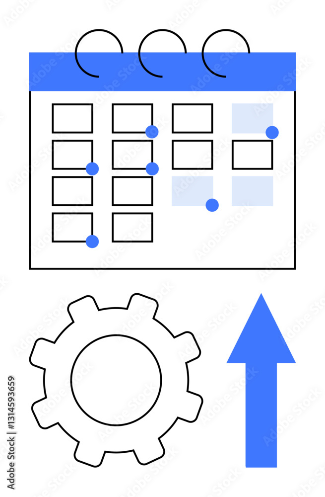 Poster calendar with marked events above gear and upward arrow symbolizing organization, efficiency, and pr