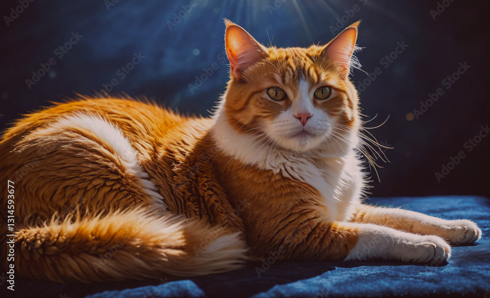 Poster cat with orange and white fur is laying on a blue couch. the cat has a curious look on its face, and