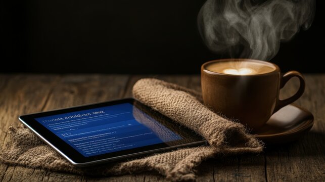 A tablet displaying an article rests on a rustic wooden table beside a steaming coffee cup, creating a cozy atmosphere perfect for productivity and relaxation