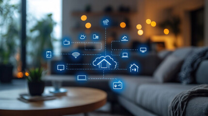 Wireless home automation network illustrated in a cozy living room, where IoT sensors and smart devices communicate seamlessly over a secure cloud platform