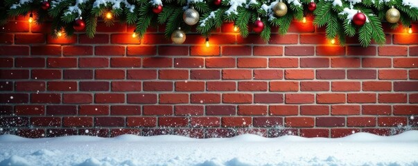 Brick wall covered in snow with Christmas decorations hung over it, snow, winter