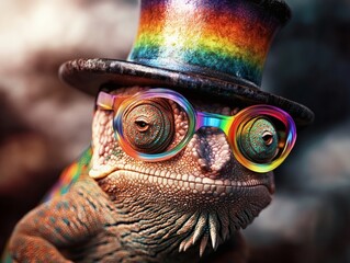 Chameleon Wearing a Funky Top Hat, Colorful Glasses, Looking Playful and Stylish