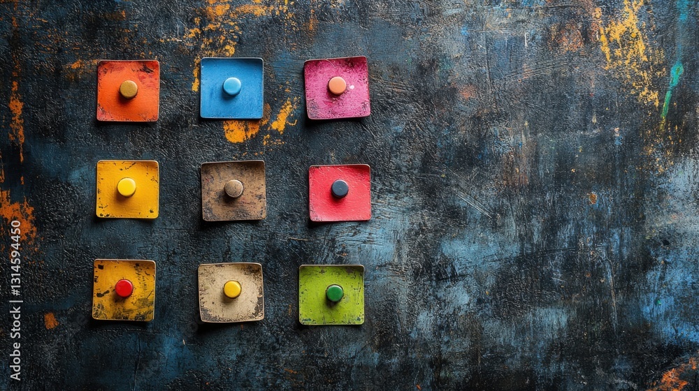 Poster colorful squares arranged on a textured dark background creating a playful and artistic composition 