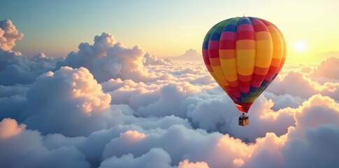 Obraz premium Brightly colored hot air balloon drifting through clouds, hot air balloon, ethereal atmosphere, serene landscape