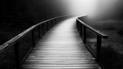 Obraz premium A serene wooden footbridge winds through a foggy landscape, creating a mysterious and peaceful atmosphere, Ideal for use in nature-oriented projects, meditation themes, or as a metaphor for journeys,