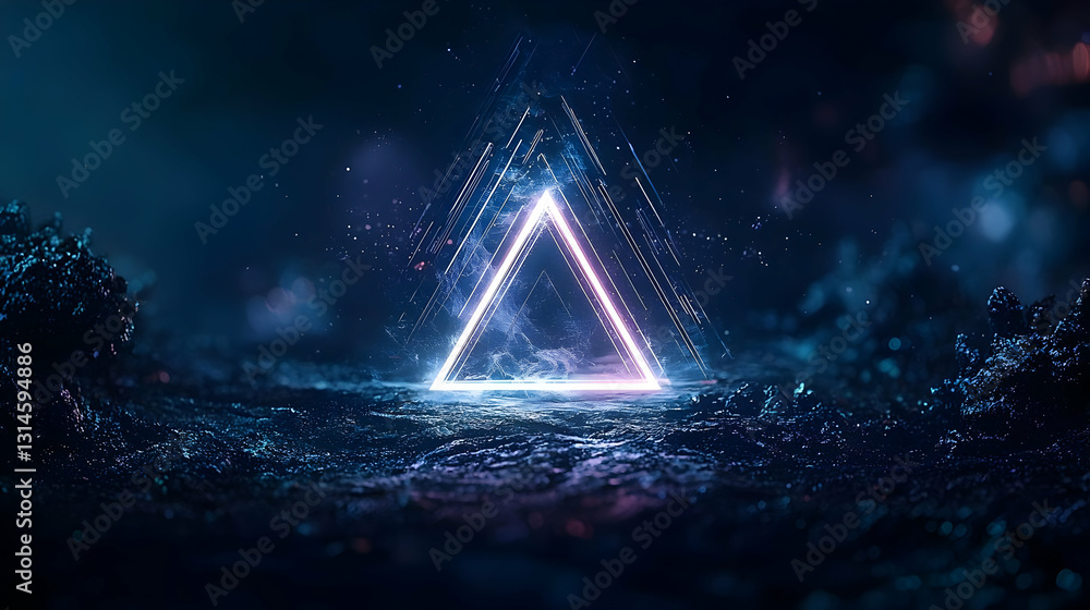 Poster a glowing neon triangle illuminates dark textured background with sparkling particles in shades of b