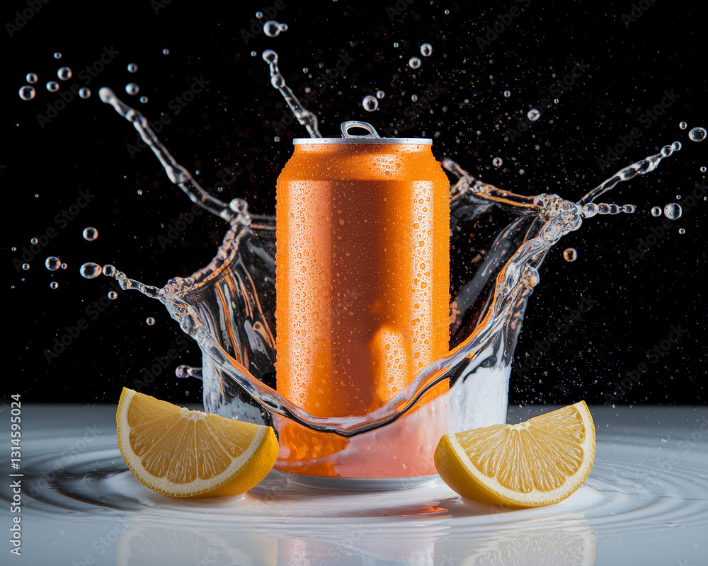Poster orange can splashing in water with lemon slices, creating a dynamic and refreshing image, ideal for 