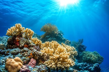 Obraz premium Sunlit Coral Reef Underwater Scene (1)