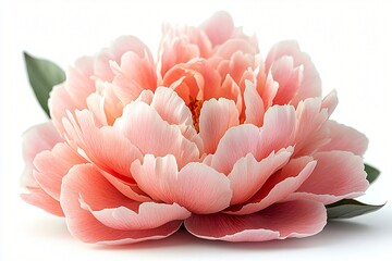 Delicate Pink Peony Blossom with Soft Petals and Green Leaves on White Background
