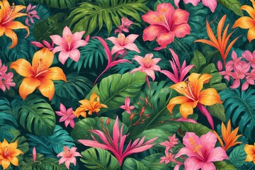 Colorful tropical floral pattern with exotic leaves