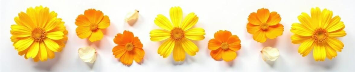 Bright marigold petals against crisp white background, fresh flowers, delicate