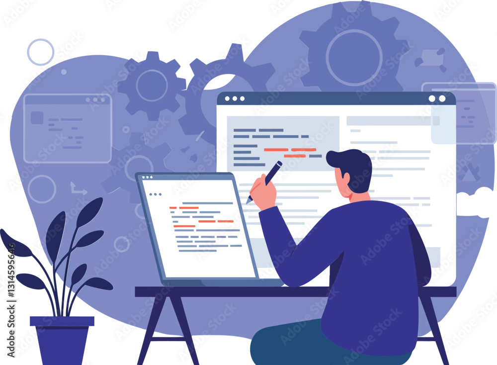 Poster a man working intently at his desk with multiple screens in a modern flat vector illustration
