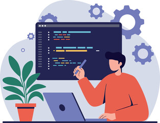 Young man coding on a laptop with a plant nearby in a flat vector illustration