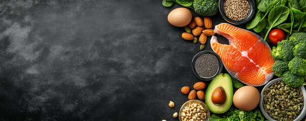 Healthy food selection on dark background. Detox and clean diet concept. Foods high in vitamins, minerals and antioxidants. Anti age foods. 