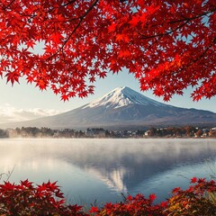 Mt. Fuji's Embrace: Majestic snow-capped mountain peak reflected in a serene lake, framed by vibrant red autumn leaves. The scene captures the breathtaking beauty of nature.
